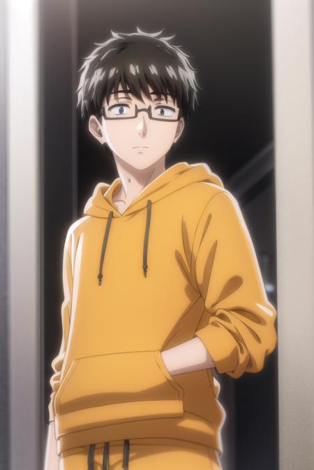 koikimomasuda, <lora:koikimo masuda s1-lora-nochekaiser:1>,
masuda, short hair, black hair, male focus, glasses, black-framed eyewear, (black eyes:1.5),
BREAK socks, pants, hood, hoodie, hood down, grey pants, grey socks, orange hoodie,
BREAK indoors,
BREAK looking at viewer, (cowboy shot:1.5),
BREAK <lyco:GoodHands-beta2:1>, (masterpiece:1.2), best quality, high resolution, unity 8k wallpaper, (illustration:0.8), (beautiful detailed eyes:1.6), extremely detailed face, perfect lighting, extremely detailed CG, (perfect hands, perfect anatomy),