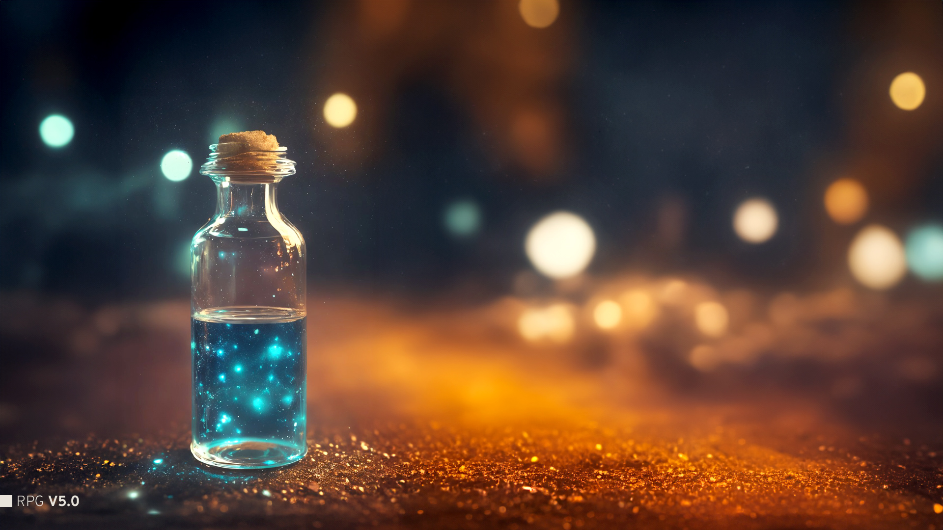 glass bottle sitting on top of a table| a photorealistic painting| pexels| conceptual art| stars and galaxies| highly deta...