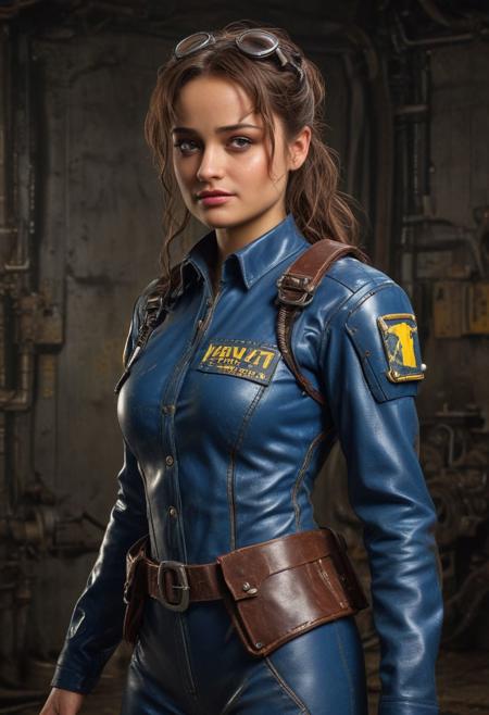 full body in view, Telephoto lens, Closeup,  photograph of ella purnell, vault tec outfit from fallout, sexy smile, sweaty face, lips parted, eyes pleading, Dynamic lighting,detailed background, <lora:add-detail-xl:1> by suze randall