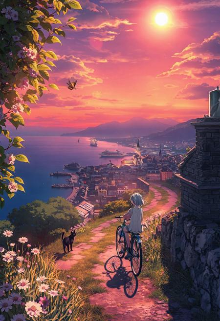 Vertical 9:16 cinematic anime frame, ultra-detailed 4K, vibrant and rich color palette, sharp lighting contrast.
Vordergrund: blühender Kirschbaumzweig links, Schmetterling schwebend darüber; rechter Bildrand mit halb verwelktem Zaun und Grashalmen im Wind, kleiner umgefallener Getränkebecher mit glänzender Oberfläche.
Vor-Mittelgrund: schwarzer Kater sitzt auf einer Steinmauer, Blick nach oben, neben ihm eine halbvolle Glasflasche mit Lichtreflexion; darunter bunte Gänseblümchen am Boden.
Mittelgrund: ein Junge und ein Mädchen stehen auf einem kleinen Hügel mit gepflastertem Weg; sie trägt ein Sommerkleid, er ein Fahrrad schiebend, beide schauen in die Ferne, friedlich, Haare im Wind, klarer Fokus.
Hintergrund: flache Küstenstadt mit erleuchteten Fenstern, Kirchturm und Laternenpfählen; hinter der Stadt das ruhige Meer mit einem entfernten Kreuzfahrtschiff, Lichter reflektieren auf dem Wasser.
Hinter-Hintergrund: gro﷿e Gebirgskette unter einem weiten Sternenhimmel.
Himmel: tiefe Dämmerung in violett-orange, gro﷿e weiche Wolken im oberen Drittel, strahlender Vollmond leicht links oben, halb verdeckt von einer Wolkenschicht, mit subtiler Korona.
Soft bloom, cinematic lighting, parallax-ready composition with strong sense of layered depth, feenstaub gently floating across all depth layers, cel-shaded in Makoto Shinkai style.