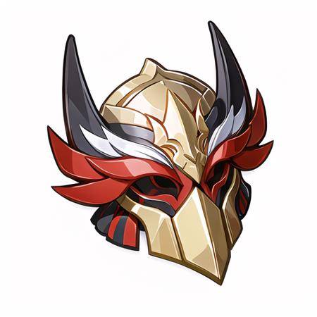 (masterpiece, top quality, best quality, official art, beautiful and aesthetic:1.2),(8k, best quality, masterpiece:1.2)icon\(game icon institute\), a stylized image of a helmet with a gold and silver decoration on it's face and a red and white tail, solo, simple background, red eyes, white background, armor, no humans, helmet,<lora:Game Icon InstituteV2.0:0.7>,