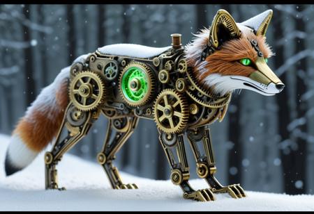 mechanical fox automaton, sharp metallic fur composed of finely meshed gears, glowing neon green eyes piercing through snow-covered landscape, tail transitioning into rotating clockwork mechanism, intricate brass and steel components, cybernetic elegance, deep frost-covered setting, moody lighting, dramatic contrast, sci-fi realism, ultra-detailed, cinematic photorealism