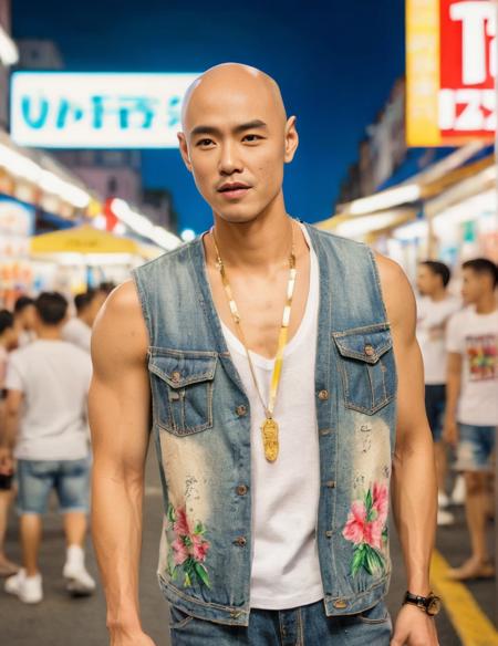 hardtomorro,Create an image that captures a strong and intense man in the midst of a lively night market, holding a weapon and displaying an expression of anger without opening his mouth. The man is bald, dressed in a white tank top, an unbuttoned floral shirt, denim shorts, and a gold necklace. His arms and legs display bold tattoos, adding to his rugged appearance. The weapon should be prominent, reflecting his readiness and determination. The night market should be bustling with activity, with various stalls, vendors, and customers in the background. The lighting should reflect the vibrant and energetic atmosphere of the night market, with colorful lights from the stalls and street lamps. The man's expression and pose should be dynamic and intense, reflecting his anger and intensity. The overall scene should be engaging and lively, capturing the unique character of the man and the bustling night market environment,<lora:htm:0.8>