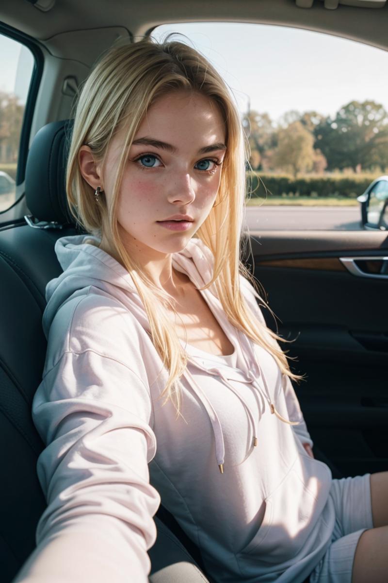18yo blonde girl, upper body, selfie in a car,hoodie, inside a car,  sharp focus,sunlight on face, beautiful eyes,  cinema...