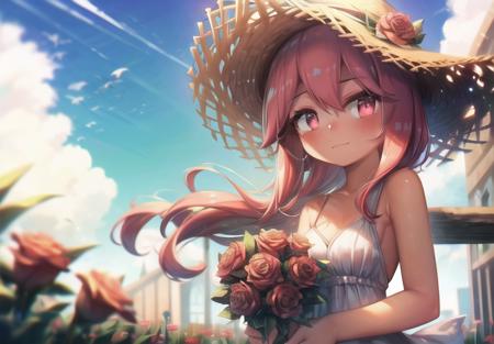 ((masterpiece, best quality)), 1girl, flower, solo, dress, holding, sky, cloud, hat, outdoors, bangs, bouquet, rose, expressionless, blush, pink hair, flower field, red flower, pink eyes, white dress, looking at viewer, midium hair, holding flower, small breasts, red rose, holding bouquet, sun hat, white headwear, depth of field, <lora:add_detail:0.8>, <lora:porforever_v1.0:1>