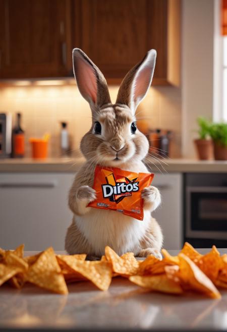 cinematic photo picture of an anthropomorphic bunny,eating doritos in the kitchen . 35mm photograph, film, bokeh, professional, 4k, highly detailed
