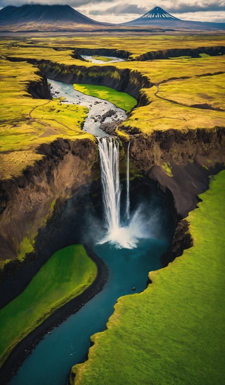 Adventure, Aerial View, Agricultural Field, Awe, Beauty, Beauty In Nature, Canyon, Cliff, Cloud - Sky, Color Image, Discovery, Dramatic Landscape, Drone, Environment, Environmental Conservation, Exploration, Extreme Sports, Extreme Sports Point of View, Extreme Terrain, Famous Place, Geology, Green Color, Hill, Horizontal, Iceland, Idyllic, Island, Journey, Landscape - Scenery, Lava, Majestic, Moss, Mountain, Mountain Peak, Mountain Ridge, Nature, No People, Non-Urban Scene, North, Outdoors, Photography, Ravine, River, Rock - Object, Rough, Scenics - Nature, Sky, Social Issues, Stone - Object, Stone Material, Stream - Body of Water, Summer, Tourism, Travel, Travel Destinations, Uncultivated, Vacations, Valley, Vibrant Color, Volcanic Landscape, Volcano, Water, Waterfall, Wilderness, breathtaking photograph, dramatic light, award-winning, professional, highly detailed . 35mm photograph, film, bokeh, professional, 4k ,minimalistic, daylight, warm atmosphere, cinematic look, simple look, simple style, dramatic scene, unusual scene