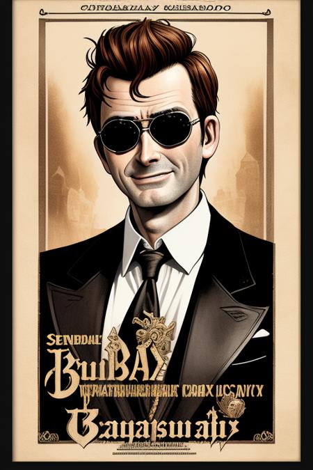 a sepia poster of gocrow featured on a newspaper cover, smiling, sunglasses, detailed work, full body, character art, historic, intricate details, low angle shot, [chubby:1.2],