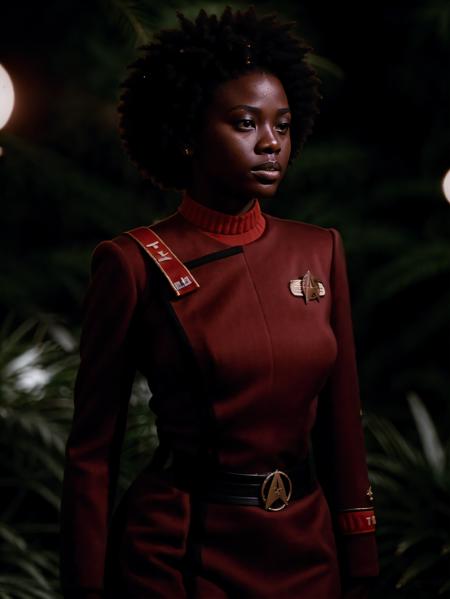 young african woman with afro in twokunf uniform,professional photograph of a stunning young african woman with afro detailed, sharp focus, dramatic, award winning, cinematic lighting, octane render, unreal engine, volumetrics dtx, (film grain, bokeh, blurry foreground, blurry background<lora:wotkunfexpV6>