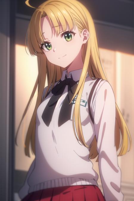 asiaargento, <lora:asia argento anime s1-lora-nochekaiser:1>,
asia argento, long hair, blonde hair, (green eyes:1.3), (parted bangs:1.5), ahoge, smile, (small breasts:1.2),
BREAK skirt, shirt, long sleeves, ribbon, school uniform, pleated skirt, vest, red skirt, sweater vest,
BREAK indoors, classroom,
BREAK looking at viewer, (cowboy shot:1.5),
BREAK <lyco:GoodHands-beta2:1>, (masterpiece:1.2), best quality, high resolution, unity 8k wallpaper, (illustration:0.8), (beautiful detailed eyes:1.6), extremely detailed face, perfect lighting, extremely detailed CG, (perfect hands, perfect anatomy),