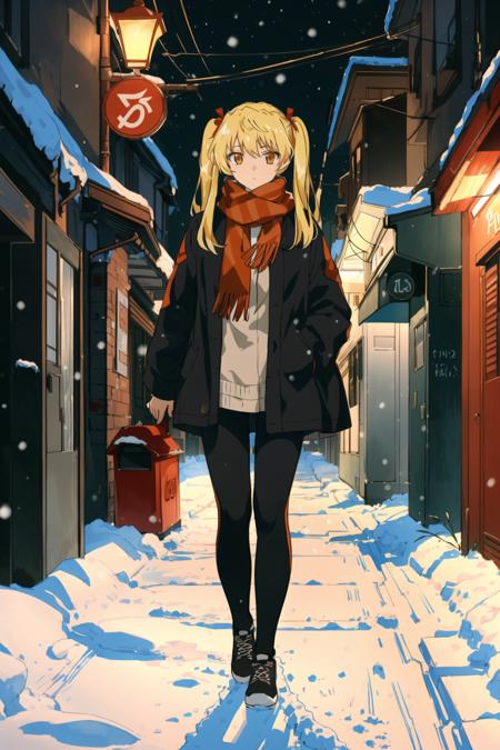 best quality,masterpiece,looking at viewer,huge filesize,(full body:1.1),
depth of field,<lora:103423215:0.5>,1girl,breasts,sawachika eri,blonde hair,twintails,orange eyes,long hair,a girl wearing a down jacket walking in a dimly lit alley,(night:1.45),(the girl's expression is quite scared:1.1),(scared:1.2),(trembling with fear:1.1),the girl is wearing a down jacket,scarf,leggings,it's still snowing,cold weather,moonlight,old electric poles,telegraph pole,mailbox,Heavy snow,(Light is weak:1.1),Dark,Street lamp is not bright,Snow, <lora:002-æ ¡å­æ¨¡ç³å¤§ç-æ³½è¿ç±çV2:0.7>,