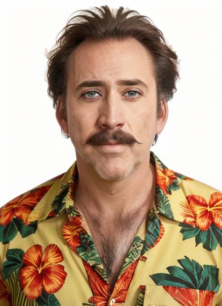 ((detailed face)), (nc1),  man, solo,  (mustache), wild hair, man in Hawaiian shirt costume,   full body, full body shot, white background, no background, PNG, natural lighting, no shadows, ultra detailed, hyperrealistic, 80mm, 4k, 8k, 8k realistic, sharp focus, intricate, high resolution  
 <lora:NicolasCage:1>