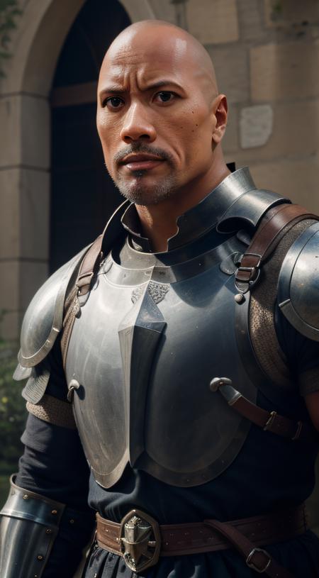 close-up, Man ((bald, Dwayne Johnson, knight, near a castle)), looking at viewer, wearing (cuirass, gorget, pauldron, couter, vambrace, gauntlets, cuisses, greaves, sabatons, poleyn, tasses, plackard, rerebrace, breastplace, faulds, scabbard, gardbrace, shoulder armor), HDR
