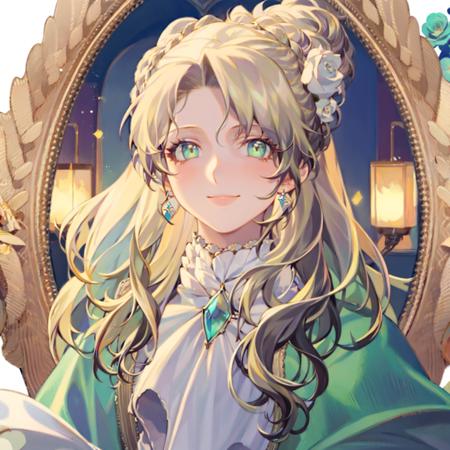 masterpiece, best quality, ultra-detailed,best shadow,1girl,solo,((portrait)),smile,long hair,blond hair, green dress,white gloves,white jabot with green gemstone,white background, looking at viewer,,blowing flowers <lora:Audrey:1> <lyco:rei_locon:1.0>