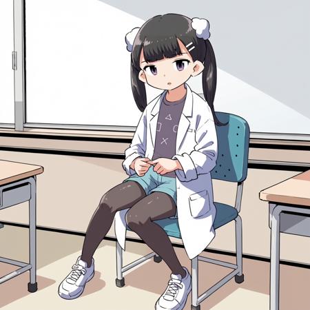 RinMochizuki,1girl,black hair,twintails,hair ornament,barrette,purple eyes, lab coat,print_shirt, shorts, pantyhose,