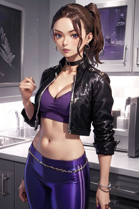 Shaundi, 1girl, solo, brown hair, navel, cleavage, jewelry, medium breasts, black jacket, ponytail, earrings, open clothes, choker, midriff, purple pants, tight pants, open jacket, cropped jacket, 