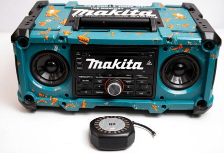 Shockproof construction stereo system. Shockproof construction tool style audio stereo system. "Makita" logo on the body.