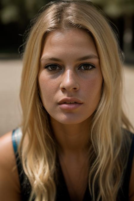 Realistic photo of a beautiful br1g1tt3-v2 woman,  1girl, solo, long hair, looking at viewer, blonde hair, black eyes, lips, portrait, close-up, freckles, realistic, soft lighting, professional Photography, Photorealistic, detailed, RAW, analog, sharp focus, 8k, HD, DSLR, high quality, Fujifilm XT3, film grain, award winning, masterpiece<lora:br1g1tt3-v2:1.0>