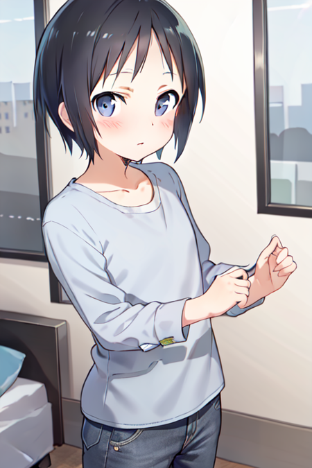 (masterpiece), best quality, expressive eyes, perfect face, ((casual clothes)), hotel room, looking at viewer, blush, {looking at viewer}, ,kurosaki_honoka, short_hair, black hair,