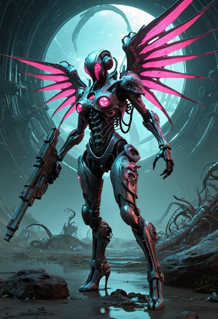 A fully enclosed biopunk mechsuit with scifi insect wings. A merge of a tentacled monster, high fantasy sorceress and spacemarine. The mechsuit is a  mix of neon and moody colours. Dynamic pose, holding a large scifi laser weapon. Full length image. Background is alien landscape on an alien planet. <lora:EpicF4nta5yXL:0.35> . award-winning, professional, highly detailed . extremely high-resolution details, photographic, realism pushed to extreme, fine texture, incredibly lifelike, high contrast, well defined, <lora:Zariman_PONY:1>