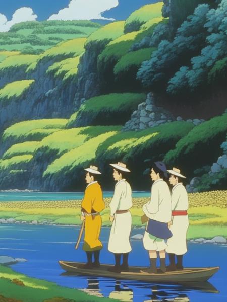 <lyco:StudioGhibli:1.0> DVD screengrab from studio Ghibli movie, four men pilgrims waling to the river, ancient japan, directed by Hayao Miyazaki, retro anime