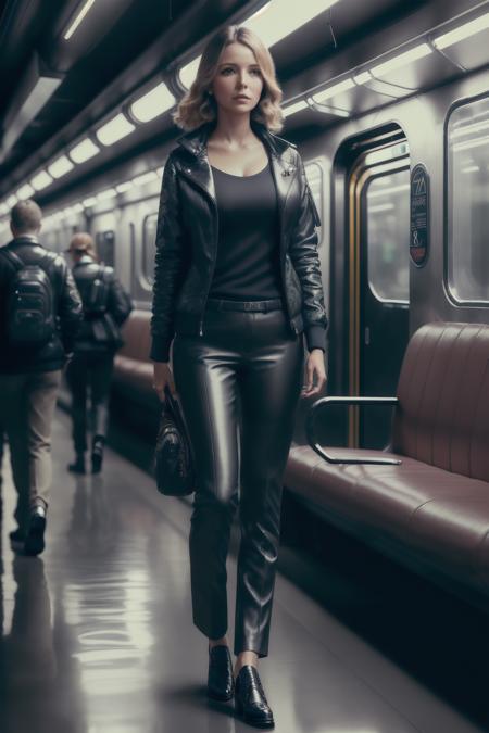 dianekeaton of a stunning woman, on a (subway), wearing a (jacket) and trousers, (8k, best quality, depth of field, ultra high res:1.2), (absurdres, intricate, photorealistic, masterpiece, ultra-detailed, Unreal Engine:1.3)