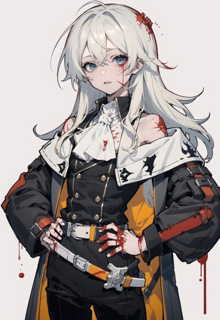 <lora:USNR STYLE:0.9>
masterpiece,best quality,,
(usnr:1.5) ,
blood, weapon, sword, long hair, solo, blood on face, holding, blood on clothes, holding weapon, blood on weapon, ascot, blue eyes, hand on hip, 1boy, holding sword, white hair, belt, looking at viewer, male focus, simple background, grey background, over shoulder, parted lips, weapon over shoulder, long sleeves, jacket, white neckwear, sword over shoulder, scar, messy hair, wavy hair, blood on hands, sheath, coat, blonde hair, androgynous, lips