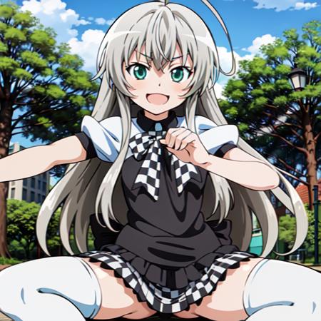 masterpiece, best quality, nyarlathotep \(nyaruko-san\), checkered clothes, checkered skirt, white thighhighs, ahoge