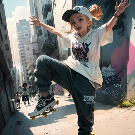 best quality,8k,raw UHD,1girl,street skater look,graffiti，titlefont,skateboard，Jump up in the air with open arms,