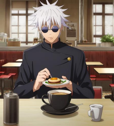 gojou satoru, 1boy,  in a  cafe <lora:gojosatoruxl1:1>,  school uniform, jacket, upper body, male focus,  black jacket, sunglasses, high collar, round eyewear, gakuran,