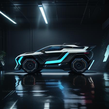 futuristic tank concept, simplest form, wide and muscular volume, sharp surfaces,floating vehicle, thrusters, shiny led bar lights, science fiction,blue  jet-black satin paint, vehicle focus, lens flare, car design trend 2023,(audi boat design concept:0.6),side view