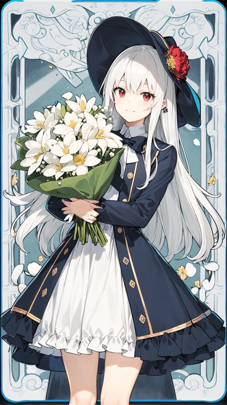 masterpiece, best quality, 1girl, solo, long_hair, looking_at_viewer, white hair, red eyes, smile, bangs, skirt, shirt, long_sleeves, hat, dress, bow, holding, closed_mouth, flower, frills, hair_flower, petals, bouquet, holding_flower, center_frills, bonnet, holding_bouquet,<lora:animetarotV2-000002:0.8>