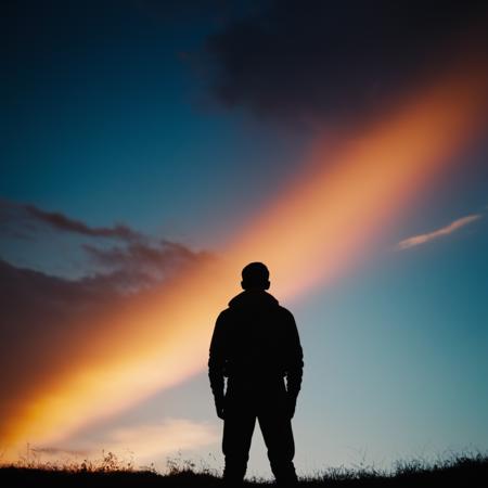 cinematic film still of  <lora:silhouette style v2:1>
A silhouette photo of a person standing in front of a colorful sky,solo,1boy,standing,male focus,outdoors,sky,pants,cloud,from behind,cloudy sky,scenery,silhouette,colorful different shadow patterns, different shadows, cinematic, filmic, different colors, creative cinematography, covered in shadow, perfect shadow, detailed shadow, detailed background, detailed environment, award winning cinematography, casting shadow, film contrast, film saturation, high quality, 8k, silhouette style, shallow depth of field, vignette, highly detailed, high budget, bokeh, cinemascope, moody, epic, gorgeous, film grain, grainy