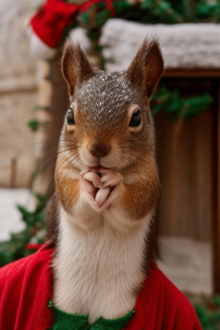 score_9, score_8_up, score_7_up, score_6_up, score_5_up, score_4_up, (((squirrel))), green Christmas dress, bells, cute, (feral:1.2), (red fur), blue eyes, (happy, expressive:1.5), (incoming hug, reaching towards viewer, perspective, depth of field, arms spread, hugging viewer, embracing viewer), upper body shot, (close up:1.5), out of frame, 3lf, green headwear, belt, fur trim, bells, (snow, village, Christmas:2),