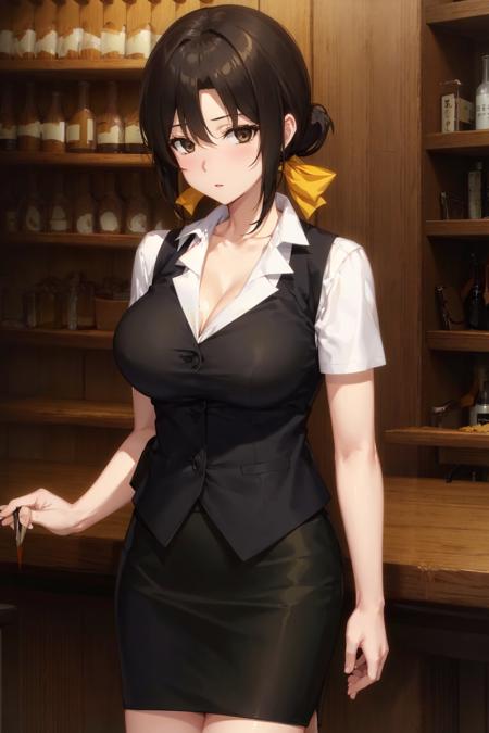 <lora:Kyoko_LoHa_LeaderThree_v1:1>,
HazukiKyokoLT, sugina miki style, yellow ribbon, black eyes, black hair, low ponytail, hair between eyes, bangs, collarbone, pencil skirt, cleavage, large breasts, 
bartender, collared shirt, vest, bar /(place/), counter,