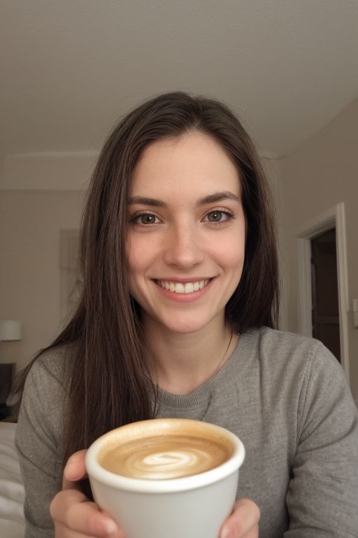 A brunette woman with long straight hair holding a cup of coffee in bed.
Smiling. 
Night time. Dark. 
taking a Selfie from the front camera POV.