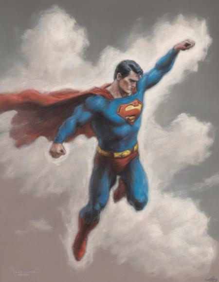 drawing with pastels of superman levitating in the sky full body powerful pose