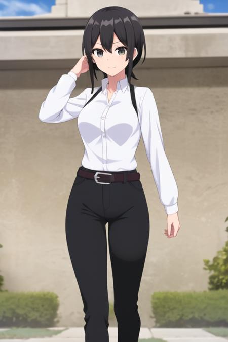 ((masterpiece, best quality)),1girl,standing,indoors,medium breasts,belt, elna stongs, elna, ore dake haireru, belt_buckle, black_hair, black_pants, long_sleeves, looking_at_viewer, outdoors, pants,standing, white_shirt, <lora:elnamix:0.75>