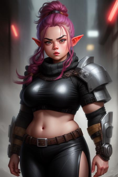 dwarf, woman, close up, pointy ears, action pose, broad shoulders, broad waist, stocky, sci-fi complex clothes, cyberpunk, cyberpunk warehouse, rain, looking into the camera, hair flying, (anime), (illustration), cartoon, detailed, <lora:Dwarf_Diffusion:1>