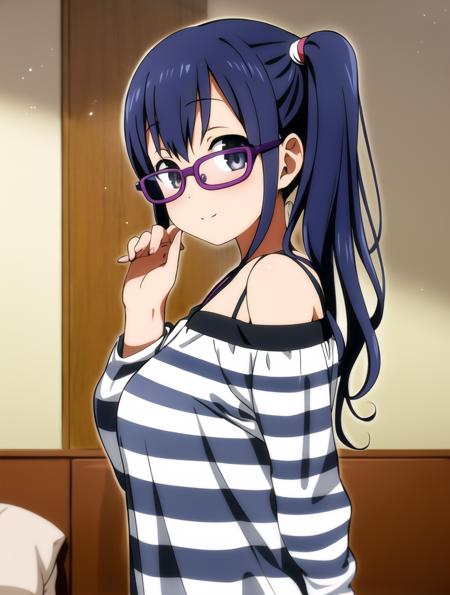 from side, posing, 1girl, imai midori, glasses, side ponytail, purple hair,  vertical stripes, bedroom <lora:imai_midori:0.8>