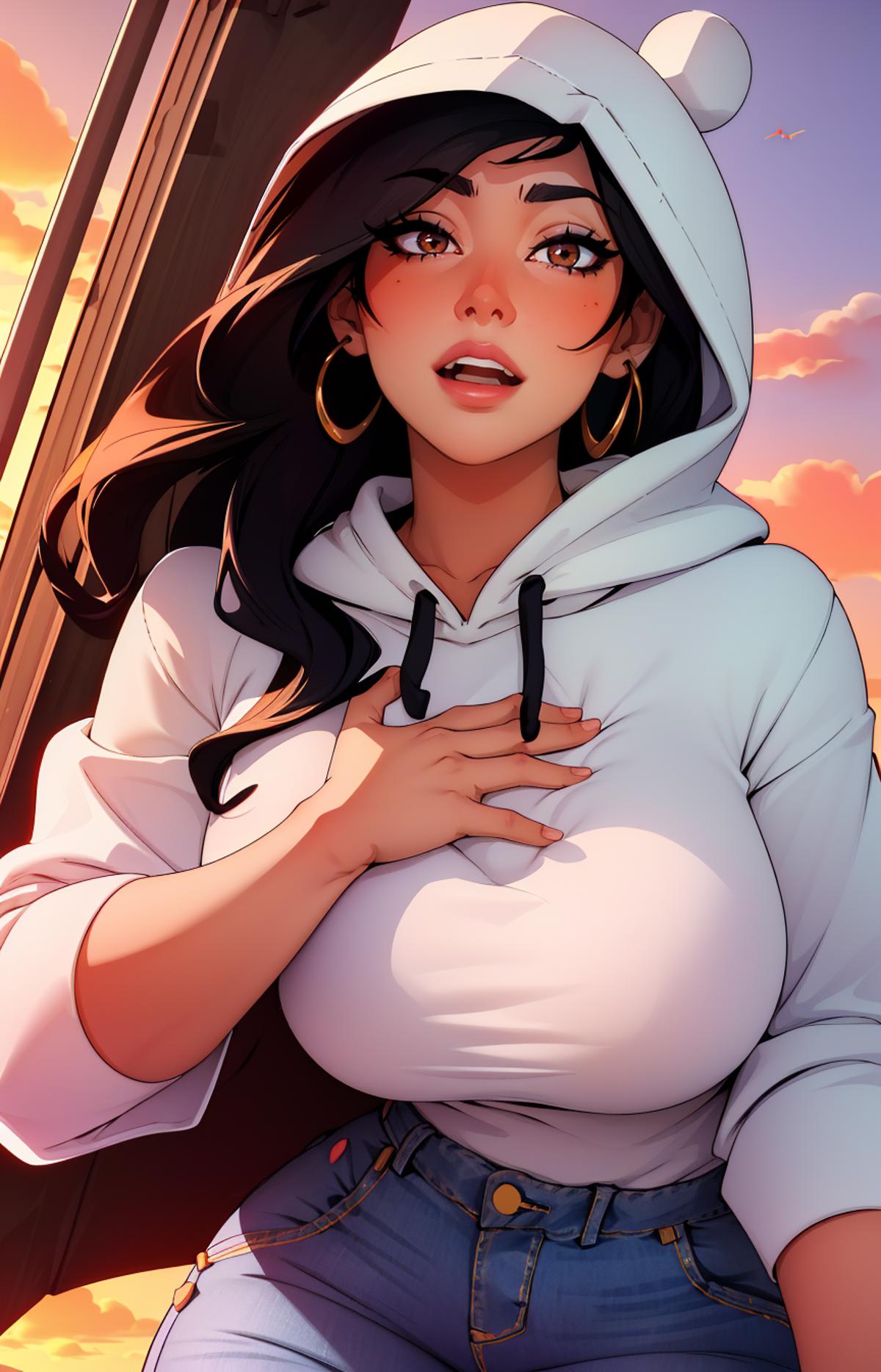 A woman wearing a white hoodie posing with her hand on her chest.