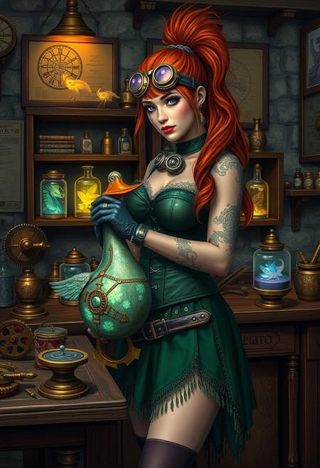 tinker-alchemist building a clockwork duck from copper and brass with gears and cogs, alchemy punk and steampunk motif, old, Copper hair, purple eyes,Goth Makeup, Round Eyes,Eyelashes, High ponytail, Steampunk goggles, goggles around neck, (Alchemy and Tinker shop within a castle, blueprints on walls, tools, workbench, stone walls, wood furniture, druid runes on wall, blueprints on wall, beautiful feminine woman standing in front of a shelf with  specimens of bioluminescent glowing fai creatures in jars, glowing potions in bottles,  and complex objects, magic shop, curvy hourglass figure, long copper colour hair, , skirt, translucent shirt, green corset, tool belt, many pockets , muscular thighs, gloves, rainbow thigh high socks, skindentation, pagan, druid, tattoos,Faeothic