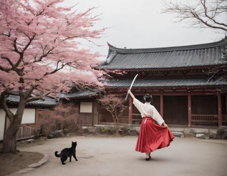 Dufaycolor photograph Mega sword behind back, Waves, Small Woman, Winter, japanese old house, red skirt, Dragon in the sky, Dragon around the SUN, Round dragon, Long dragon, thin dragon, stars, falling asteroid, Cat Ears, cosmos, Black Kitsune Mask, pastel colors, low saturation, no Face, Turning Back, Sakura tree. Vintage color palette, distinctive color rendering, soft and dreamy atmosphere, historical charm, unique color process, grainy texture, evocative mood, nostalgic aesthetic, hand-tinted appearance, artistic patina.