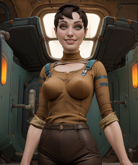 tannis,short brown hair,green eyes,
tan shirt,earrings,pants,teeth, 
standing,upper body,smile,looking at viewer,
spaceship,medical room,rusty,
(insanely detailed, beautiful detailed face, masterpiece, best quality),<lora:tannis:0.8>,