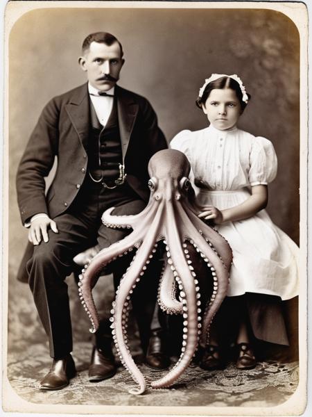 old photography, family portrait, child is holding an octopus