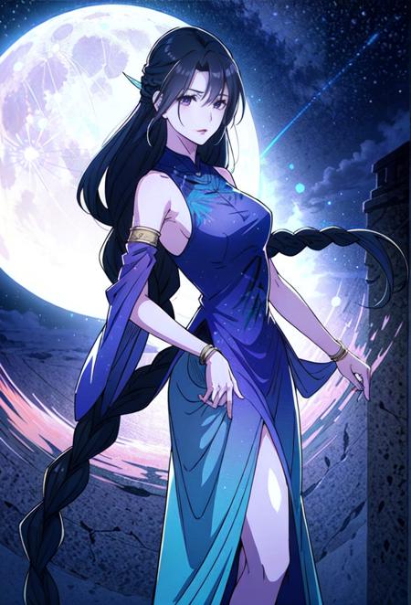 1girl dancing, official art, a character portrait, neck jewelly, contrast, no collar, hair covering face, very long hair, pibo,yan ruyu, solo, braid hair, head_fins, (purple clothes:1.4)
 jewelly, , manhua style. cloud, moon, night
 <lora:Yan_Ruyu:0.6>