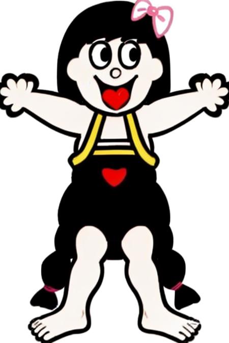 wantwant, heart in mouth, heart tongue, 1boy, open mouth, barefoot, smile, black hair, outstretched arms, flat color, :d, suspenders, shirt, white background, simple background, wantwant, heart in mouth, heart tongue, 1girl, open mouth, barefoot, smile, black hair, outstretched arms, flat color, :d, suspenders, hair bow, braid, twin braids, pink bow, twintails, white background, simple background,