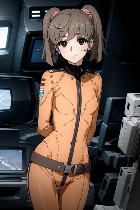 best quality, masterpiece, detailed,
<lora:SpaceBattleshipYamato2199_MisakiYuria:0.9>, misakiyuria,
closed mouth, light smile,
brown hair, straight hair, twintails, brown eyes, hair scrunchie,
MisakiBodysuit, orange bodysuit, belt,
standing, head tilt, leaning forward, arms behind back, looking at the viewer, from side,
science fiction, cockpit