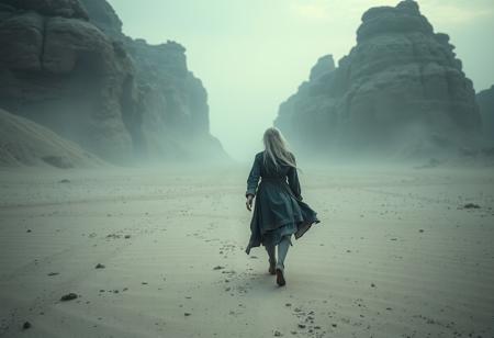 japanese albino woman walking throw an apocalyptic landscape, top hard light, sand environment, mystic, highly detailed, melancholic, masterful photography, ultra detailed