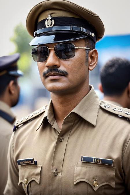 a stunning intricate full color photo, (1man:1.2), Indian police officer, wearing khaki uniform, black sunglasses, khaki colored cap (Indian_Police_Uniform:1) <lyco:Indian_Police_Uniform_V1:1.0> detailed skin, epic character composition, sharp focus, realistic light, subsurface scattering, f1.2, 35mm, film grain, analog style,  epiCRealism